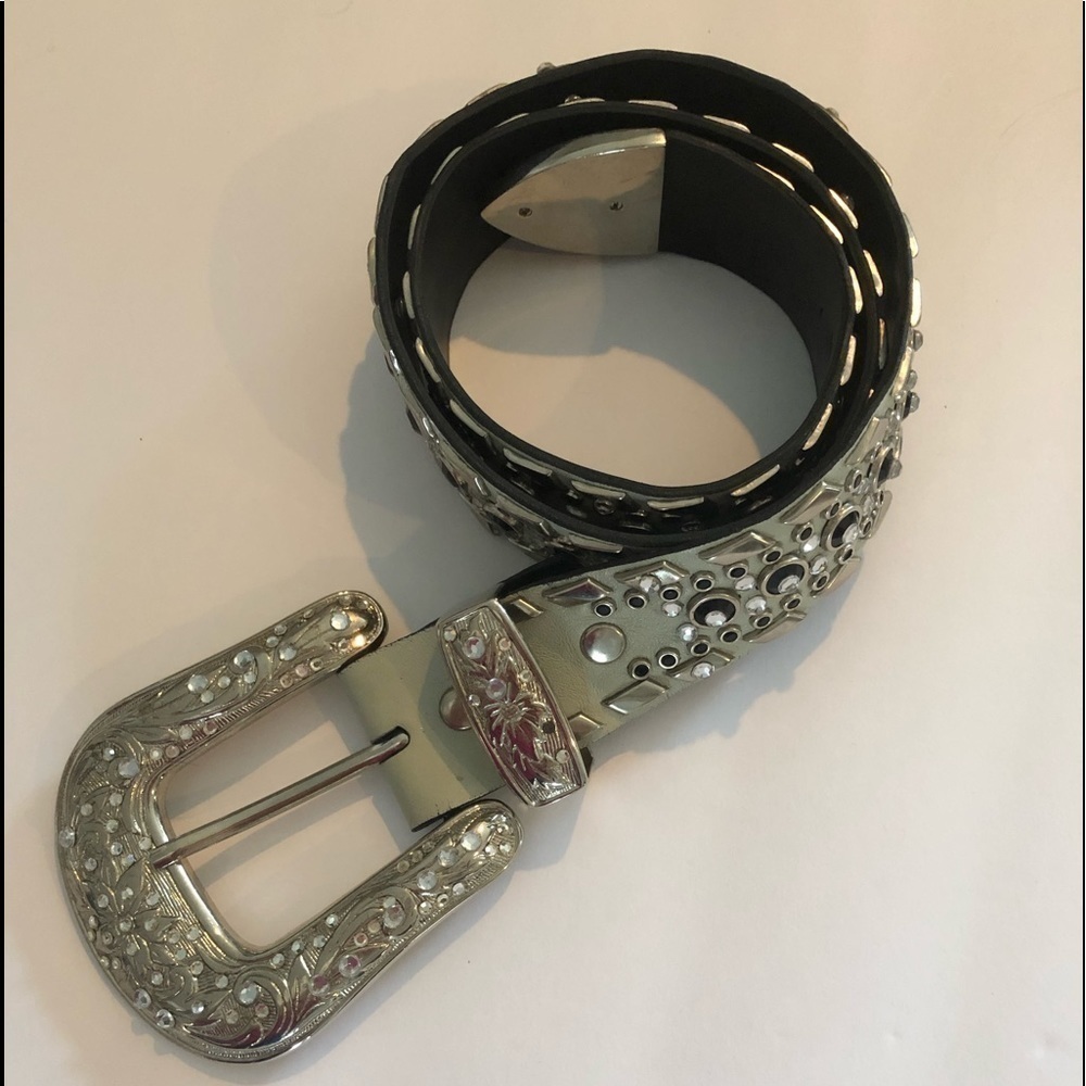 Western Rhinestone Crystal Genuine Leather Belt S Cowlgirl Up Silver Rodeo Queen